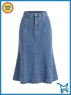 Fishtail Denim Midi Skirt High Waist Flared Jean Skirt